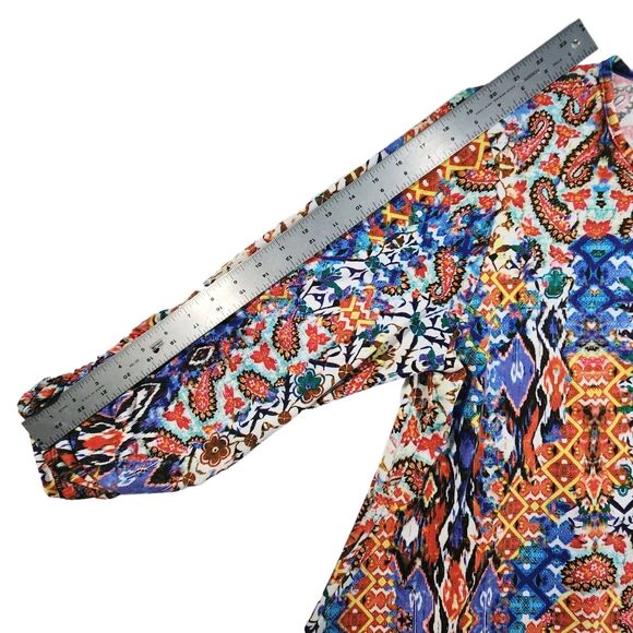 Dalin Womens Top 2X Keyhole Geo Graphic Print Ruched Sleeves Boho Artsy Stretch - Picture 8 of 10